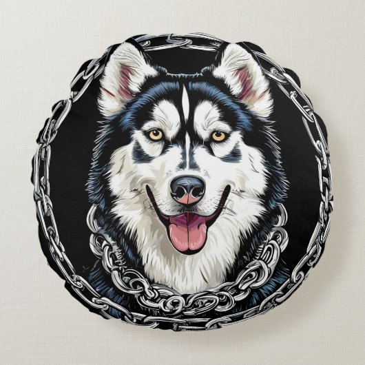 色威厳のある付きハスキーはっきりした犬 ラウンドクッション (正面)