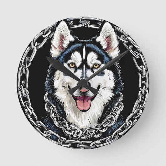 色威厳のある付きハスキーはっきりした犬 ラウンド壁時計 (正面)