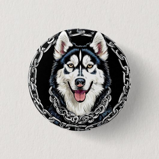 色威厳のある付きハスキーはっきりした犬 缶バッジ (正面)
