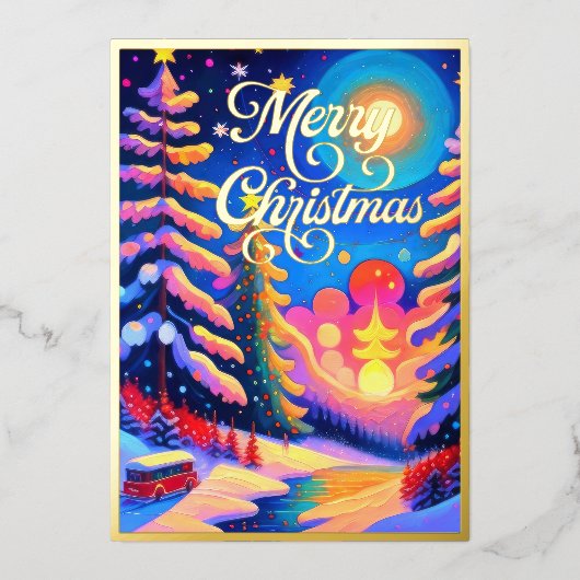 色彩の鮮やかお洒落冬の風景クリスマス 箔シーズンカード (正面)