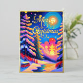 色彩の鮮やかお洒落冬の風景クリスマス 箔シーズンカード (立ち正面)