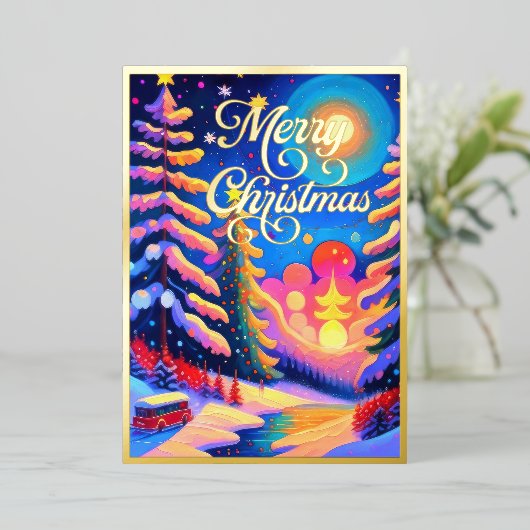 色彩の鮮やかお洒落冬の風景クリスマス 箔シーズンカード (立ち正面)