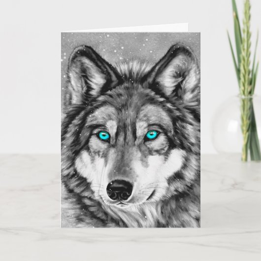 色彩の鮮やかなオオカミのグレースケールのクリスマスカード シーズンカード (正面)