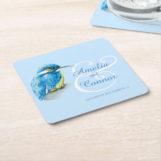 色彩の鮮やかなカワセミの鳥の芸術のカスタムな結婚式 スクエアペーパーコースター (アングル)