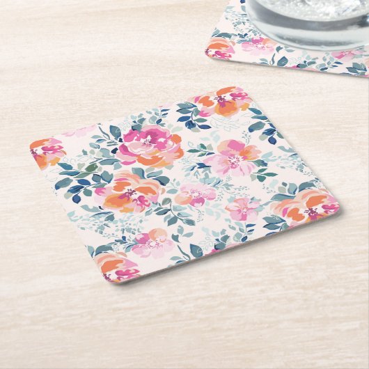 色彩の鮮やかなバラパターン スクエアペーパーコースター (アングル)