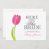 色彩の鮮やかなピンクのチューリップのブライダルシャワーのパーティーカード 招待状 (正面/裏面)