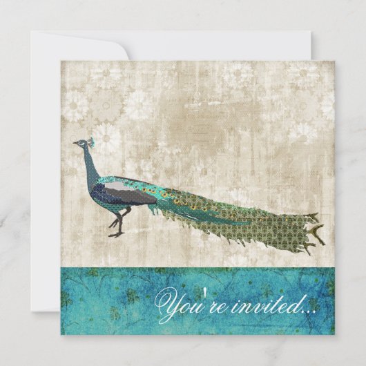 色彩の鮮やかな孔雀の海の青及び白いヴィンテージInvitatio 招待状 (正面)