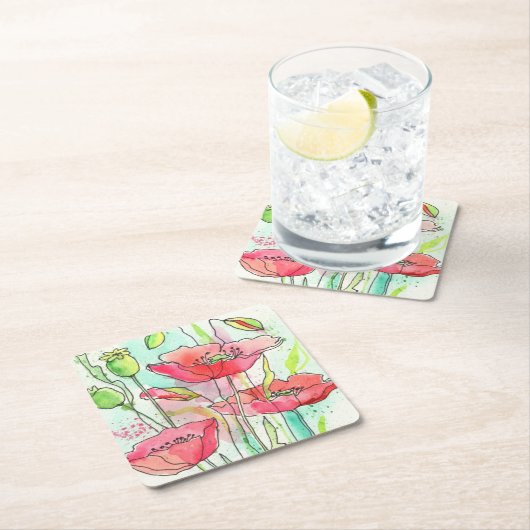 色彩の鮮やかな水彩画のケシ スクエアペーパーコースター (インサイチュ)