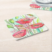 色彩の鮮やかな水彩画のケシ スクエアペーパーコースター (アングル)