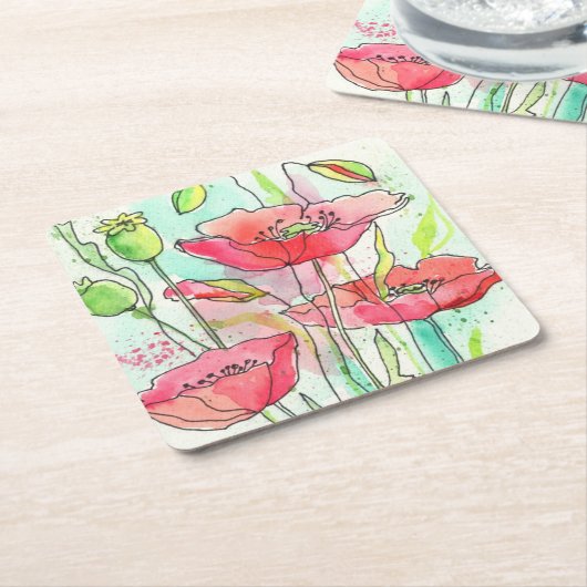 色彩の鮮やかな水彩画のケシ スクエアペーパーコースター (アングル)