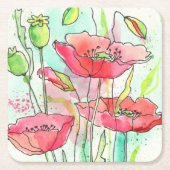 色彩の鮮やかな水彩画のケシ スクエアペーパーコースター (正面)