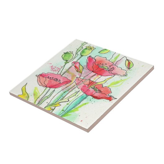 色彩の鮮やかな水彩画のケシ タイル (側面)