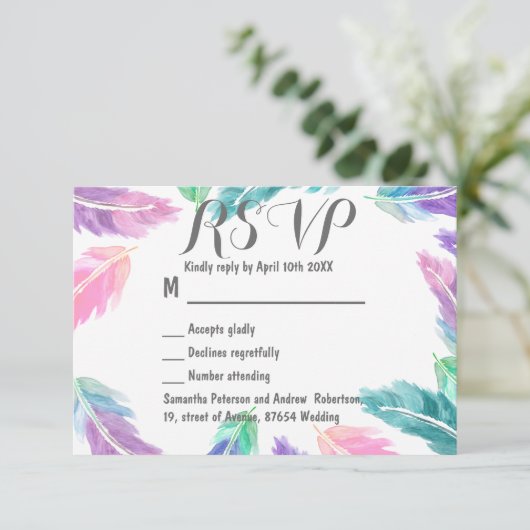 色彩の鮮やかな水彩画はRSVPを結婚することに羽をつけます 出欠カード (スタンド正面)