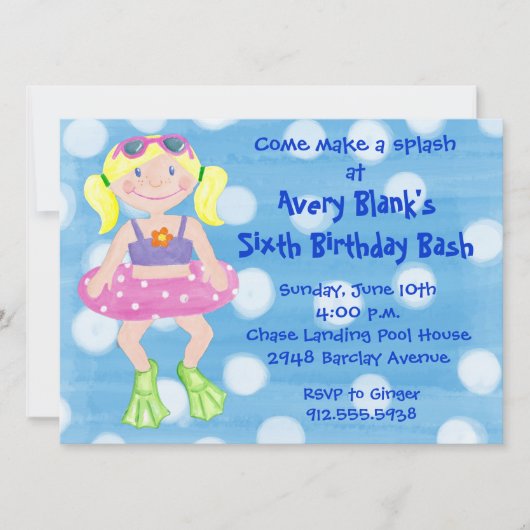 色彩の鮮やかな水泳党ブロンドの女性の女の子 招待状 (正面)