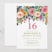 色彩の鮮やかな花の女の子の第16誕生日の招待 招待状 (正面/裏面)