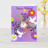 色彩の鮮やかなDaisysおよび鳩のバースデー・カード カード (黄色い花)