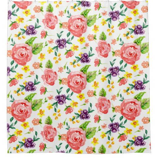 色彩の鮮やかアーモダントフローラバラ水彩ホットピンク シャワーカーテン (正面)