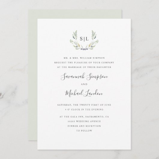 色彩の鮮やかオリーブとフォーマルモノグラム葉の 招待状 (正面/裏面)