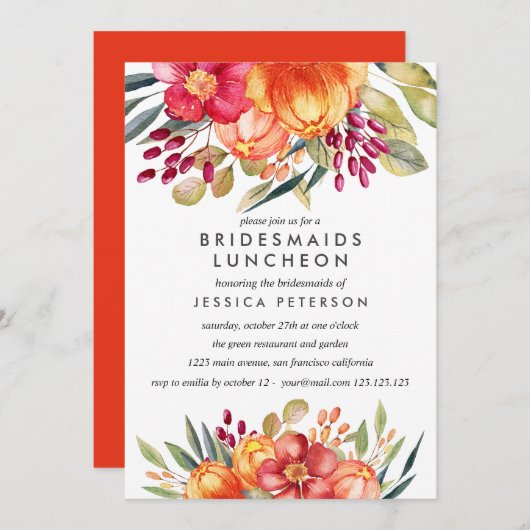 色彩の鮮やかオレンジの花の花嫁のラ結婚ンチョン 招待状 (正面/裏面)