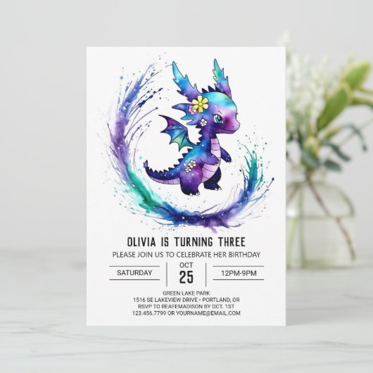 色彩の鮮やかカスタムドラゴンデジタルガール誕生日 招待状 (スタンド正面)