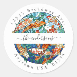 色彩の鮮やかコイ魚池差出人住所封筒用シール ラウンドシール