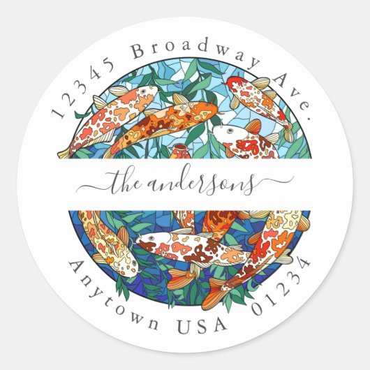 色彩の鮮やかコイ魚池差出人住所封筒用シール ラウンドシール (正面)