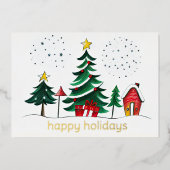 色彩の鮮やかツリーズアンドハウスハッピーホリデイ 箔シーズンカード (正面)