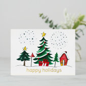 色彩の鮮やかツリーズアンドハウスハッピーホリデイ 箔シーズンカード (立ち正面)