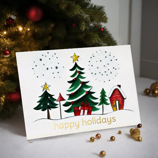 色彩の鮮やかツリーズアンドハウスハッピーホリデイ 箔シーズンカード