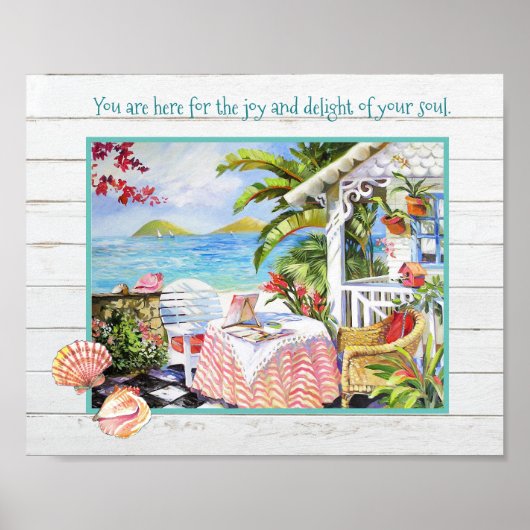 色彩の鮮やかビーチコテージポーチシーンシェル&ことわざ ポスター (正面)