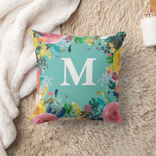 色彩の鮮やかフローラパーソナライズされたイニシャル クッション (ブランケット)