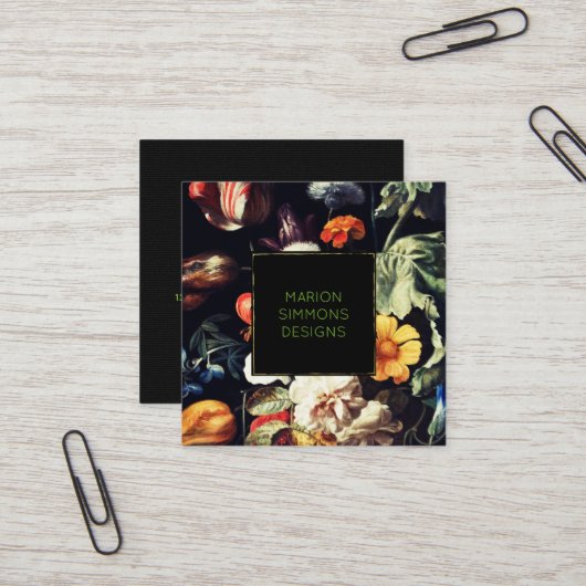 色彩の鮮やかヴィンテージフローラオンBlack Square Business スクエア名刺 (正面/裏面インサイチュ)