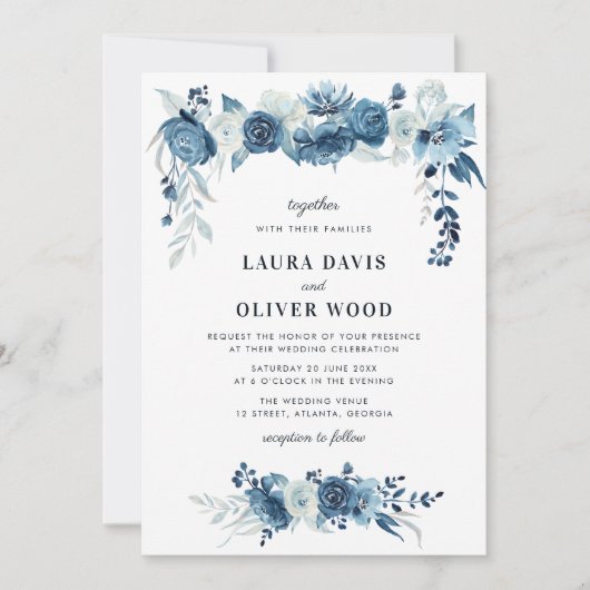 色彩の鮮やか月光ブルーフローラ結婚式招待状 招待状 (正面)
