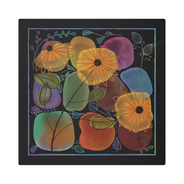 色彩の鮮やか花と岩葉の水彩スタイル メタルプリント (正面)