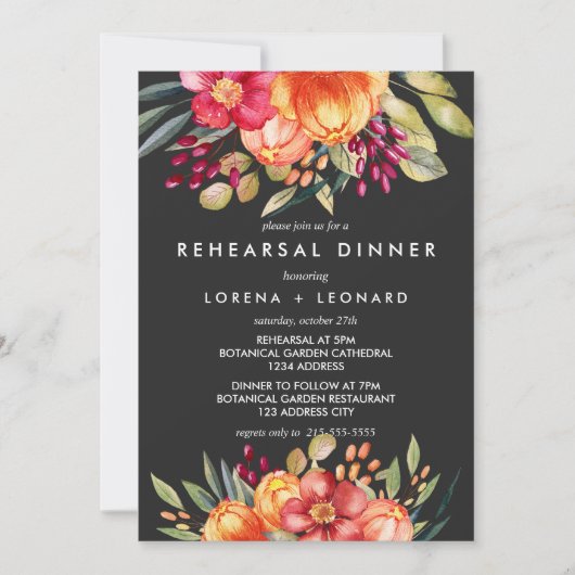 色彩の鮮やか花グレーのリハーサル結婚ディナー 招待状 (正面)