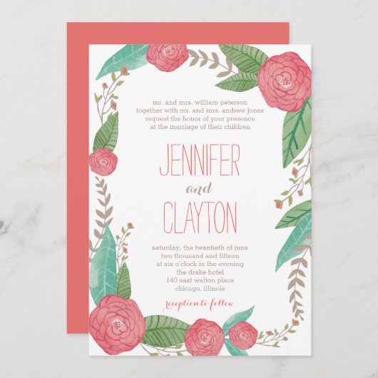 色彩の鮮やか花模様結婚式招待状 招待状 (正面/裏面)