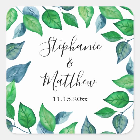 色彩の鮮やか葉の水色葉結婚の スクエアシール (正面)