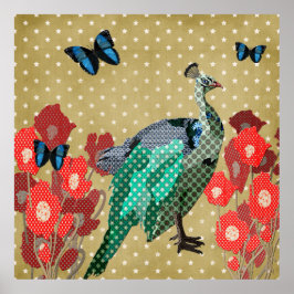 色彩の鮮やかPeacock & Peonies金ゴールドスターズ ポスター