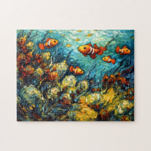 色彩豊かなサンゴ礁の絵画に泳ぐクマノミ ジグソーパズル