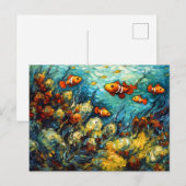色彩豊かなサンゴ礁の絵画に泳ぐクマノミ ポストカード (正面/裏面)