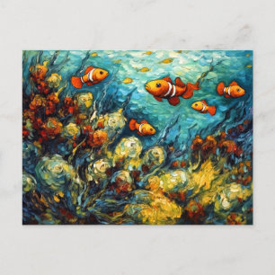 色彩豊かなサンゴ礁の絵画に泳ぐクマノミ ポストカード