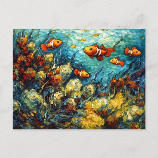 色彩豊かなサンゴ礁の絵画に泳ぐクマノミ ポストカード (正面)