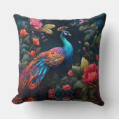 色彩豊かな庭園に佇む、気品漂う青い孔雀 クッション (正面)