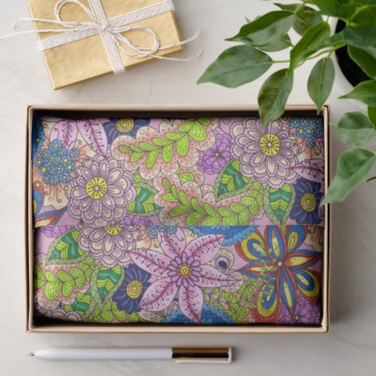 色数々のとりどりの可愛い手描き花と葉 薄葉紙 (ギフト)