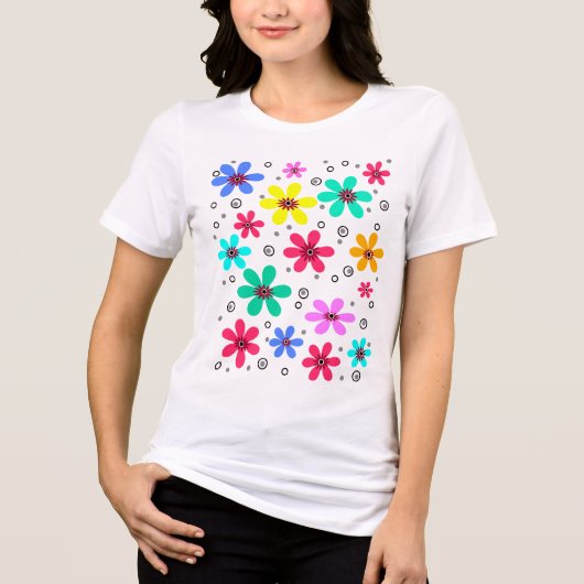色数々のの花デイジーレトロ背景の夏 トライブレンドTシャツ (正面)