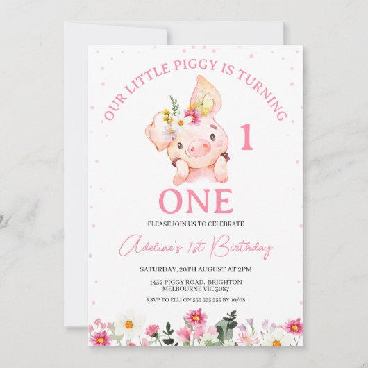 色数々のの野草小さな子豚の誕生日 招待状 (正面)