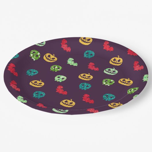 色数々のグリッターハロウィンパターン ペーパープレート (アングル)