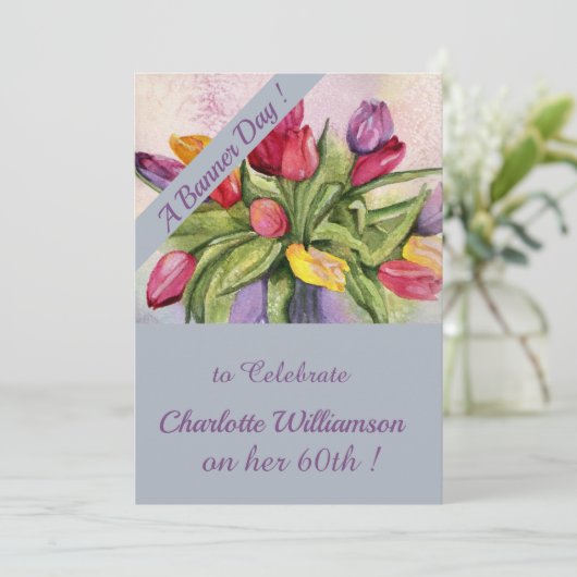 色数々のチューリップ水彩誕生日フローラ 招待状 (スタンド正面)