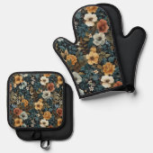 色数々のフローラ繰り返しパターン 鍋つかみ&鍋敷きセット (正面/裏面)