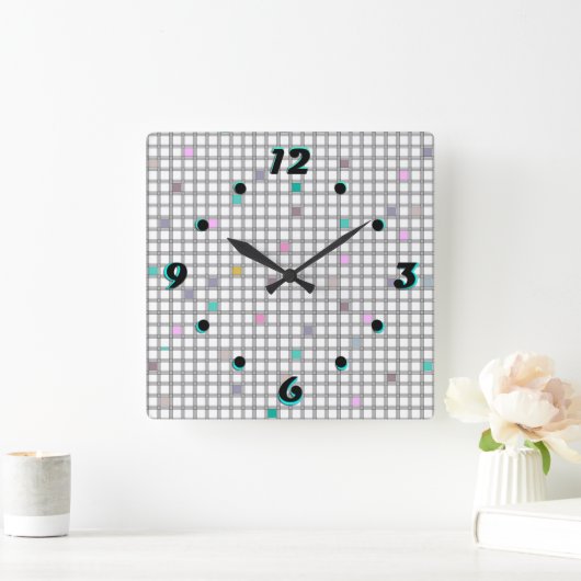 色数々の付き幾何市松模様に調形 スクエア壁時計 (ホーム)